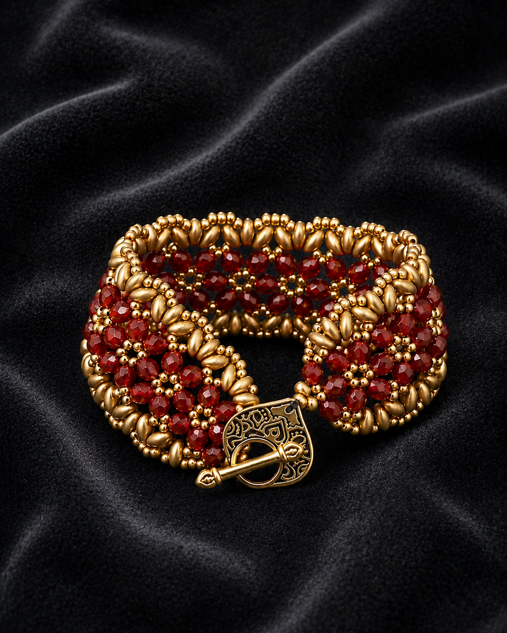 Red & Matte Gold Floral Cuff Bracelet
