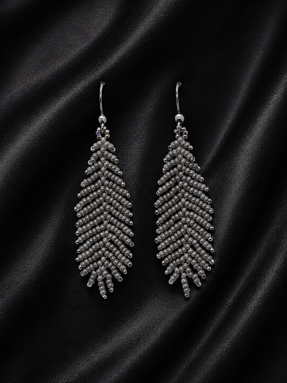 Dove Gray Seed Bead Feather Earrings