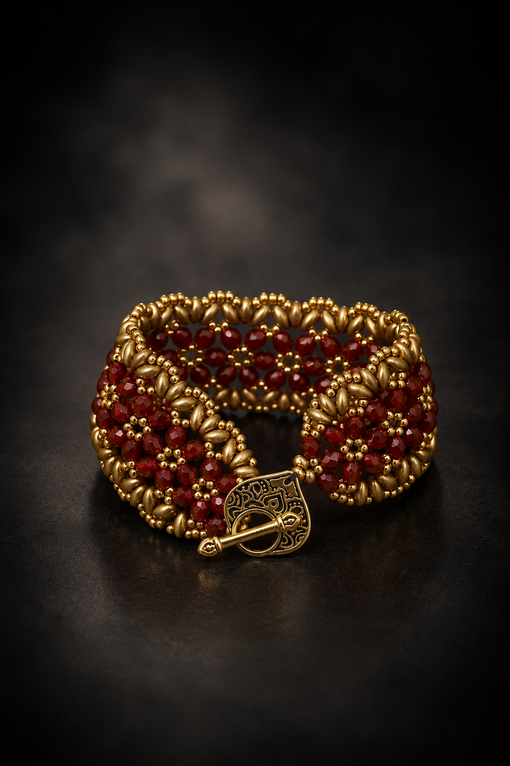 Dark Red & Matte Gold Flower Cuff Bracelet