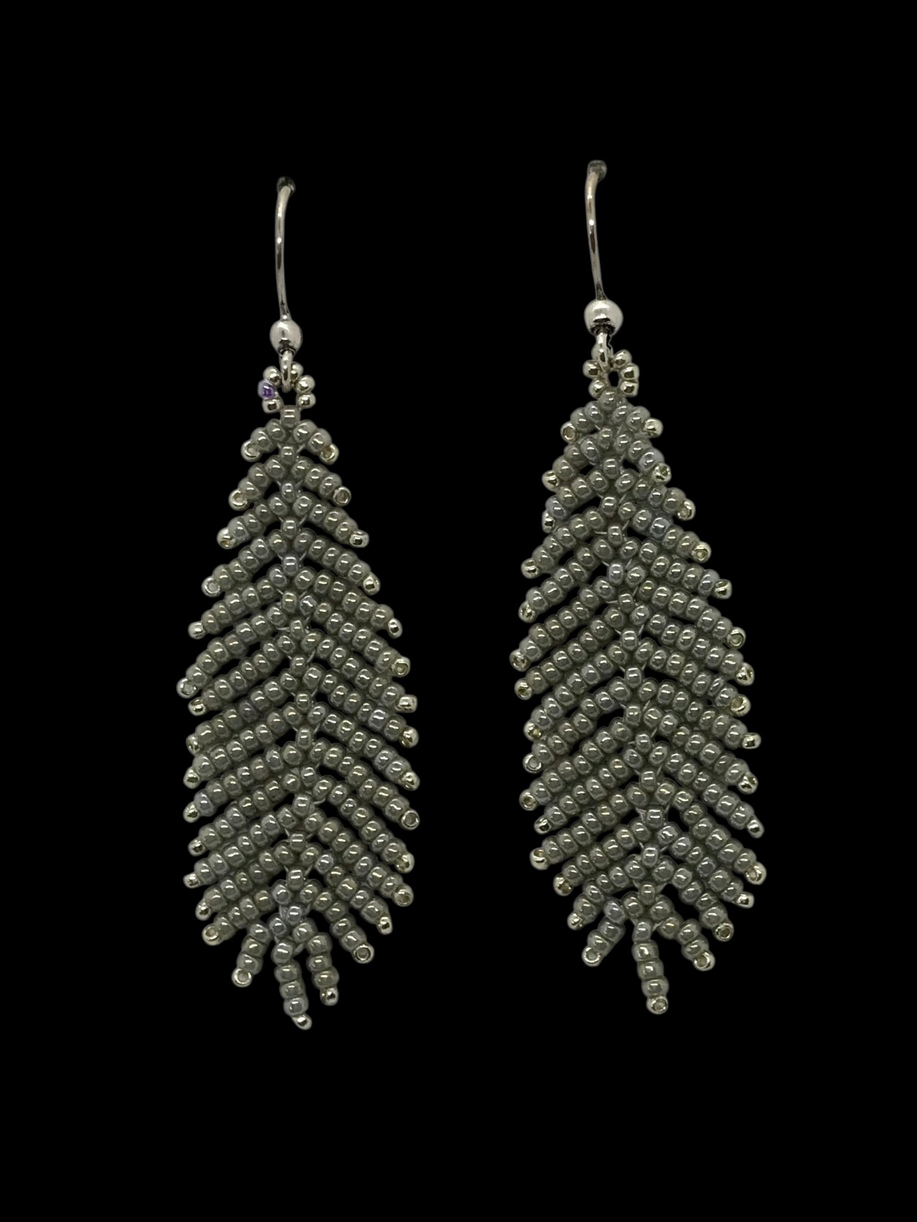 Dove Gray Seed Bead Feather Earrings