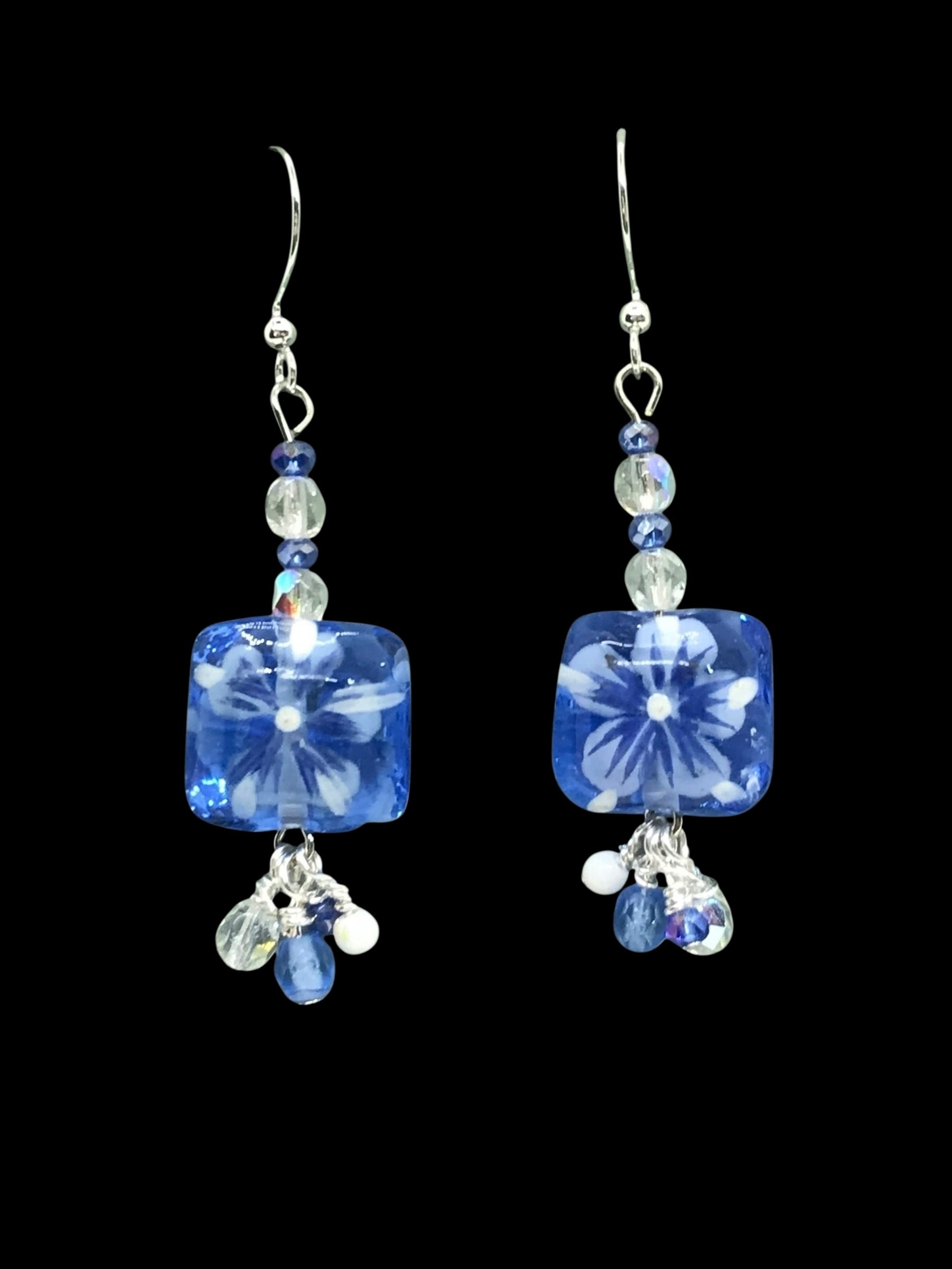 Blue Floral Puff Bead Dangle Earrings