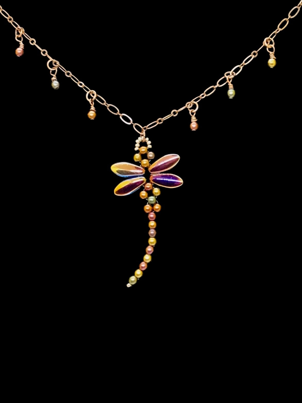 Dragonfly Necklace - Blue/Purple Iridescent & Copper