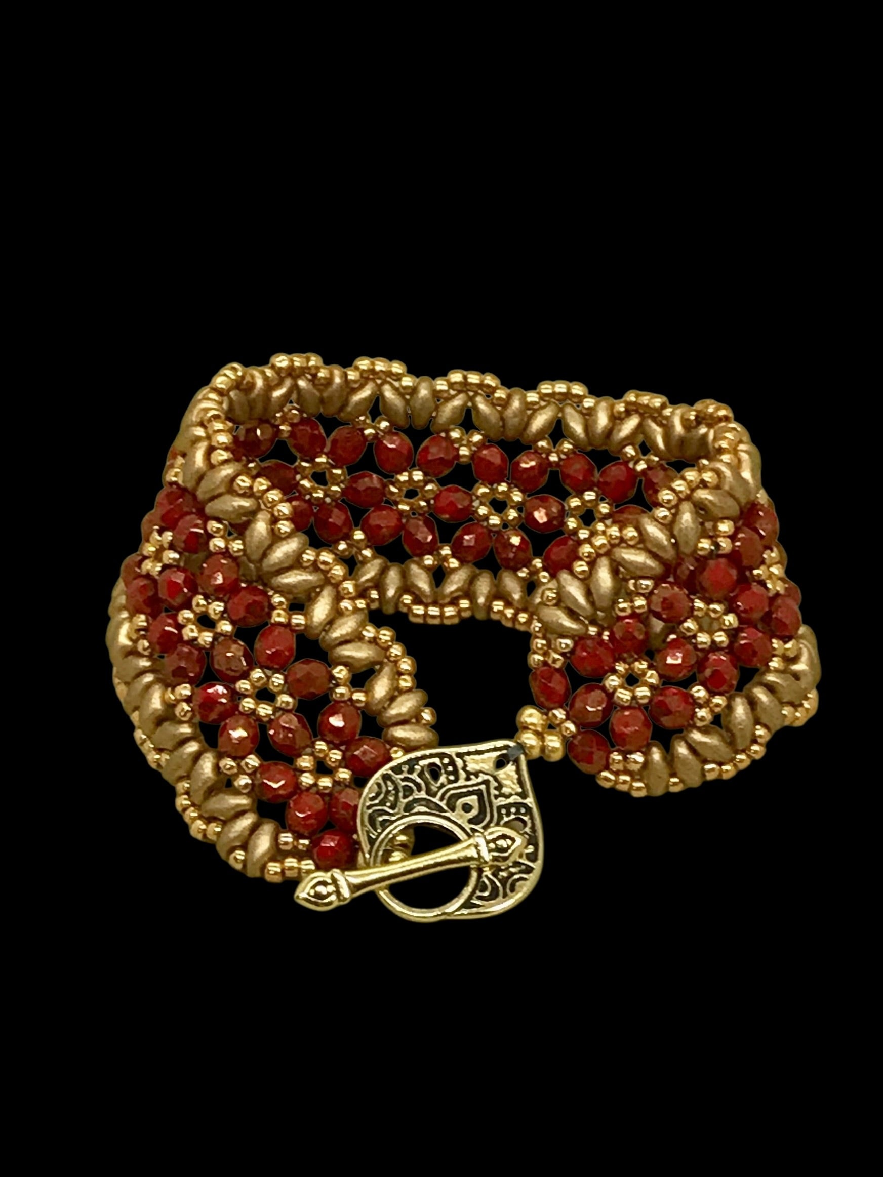 Dark Red & Matte Gold Flower Cuff Bracelet