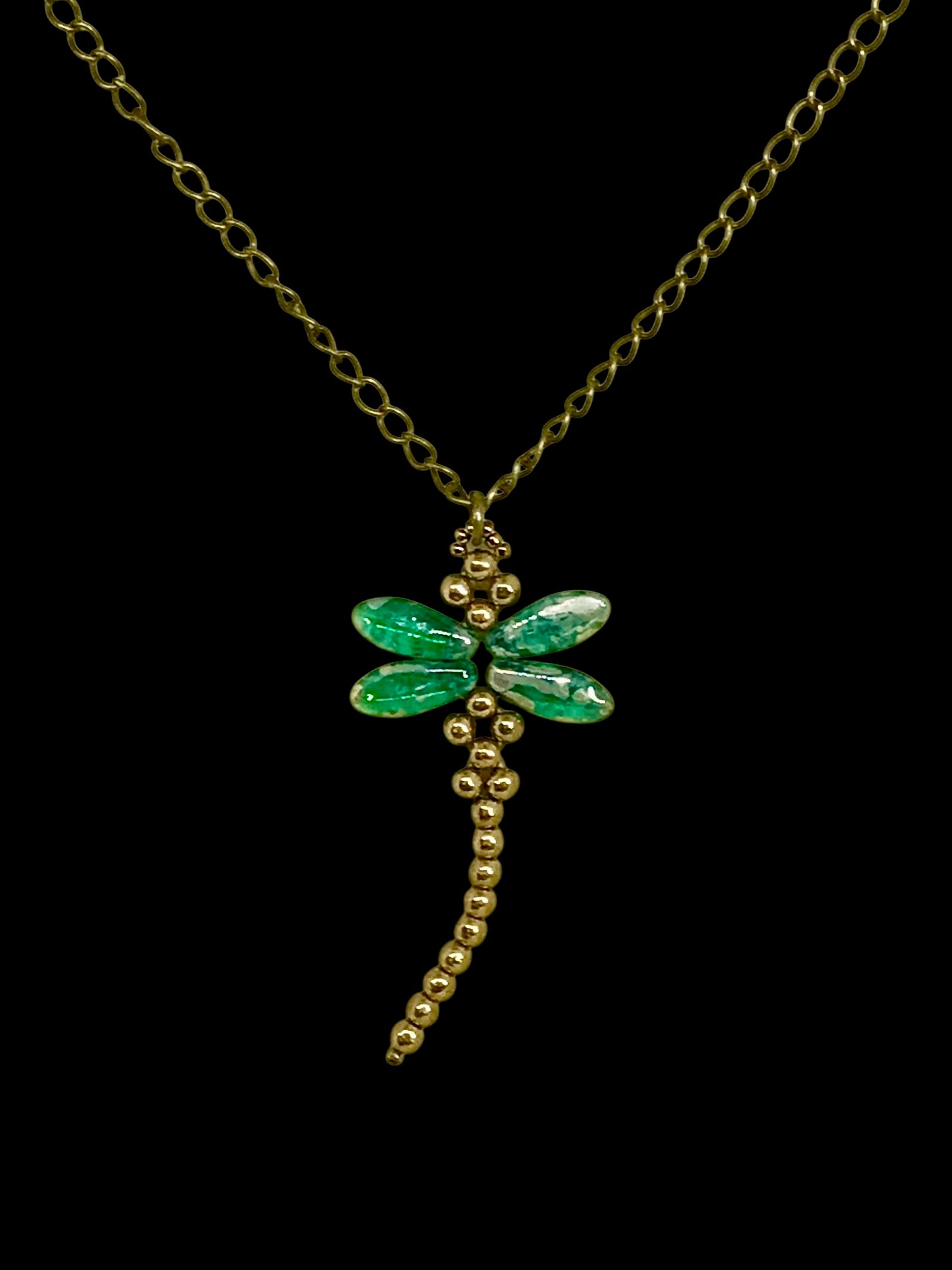 Dragonfly Necklace - Green Picasso & Brass