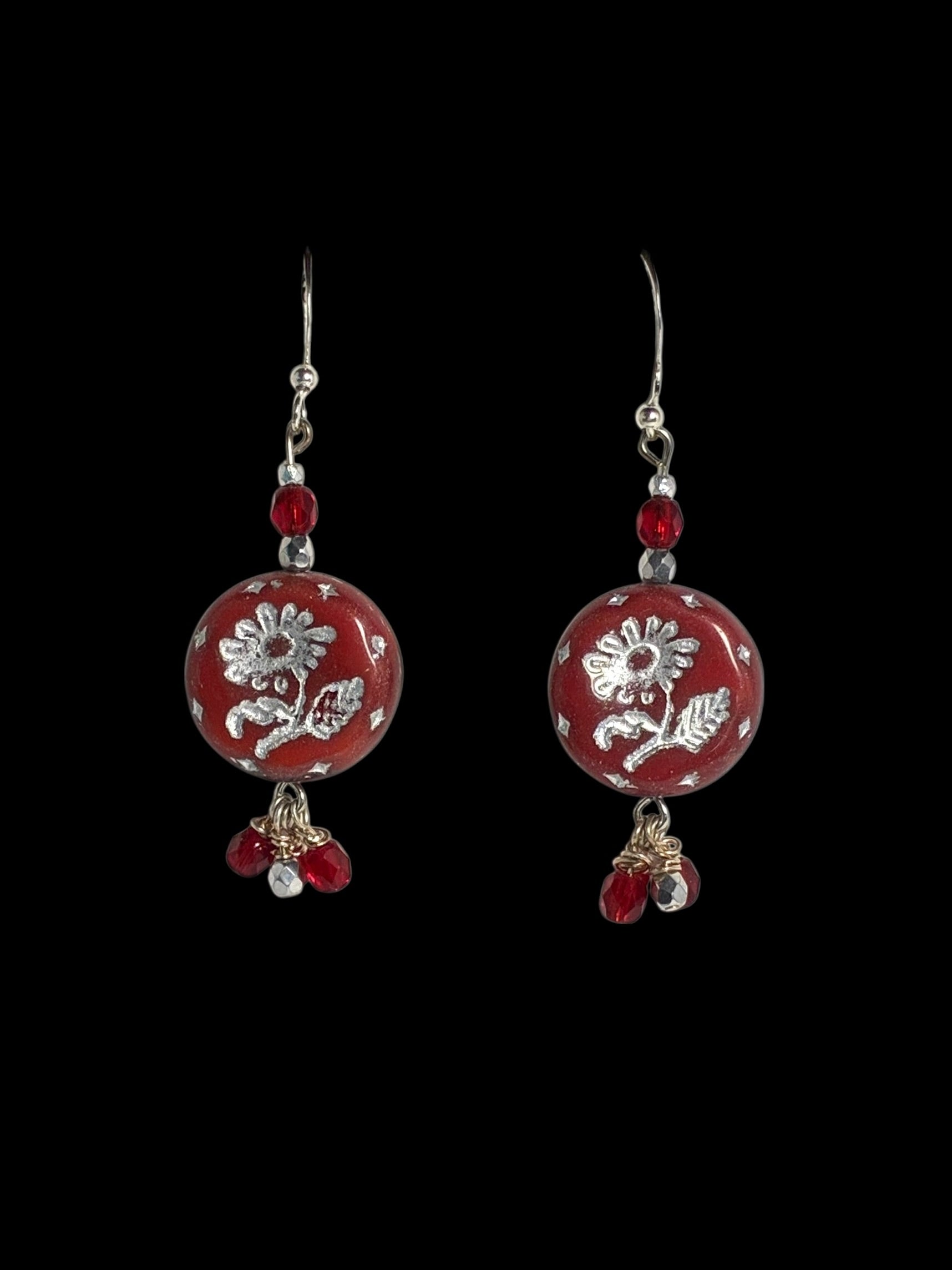 Deep Red Czech Flower Dangling Earrings