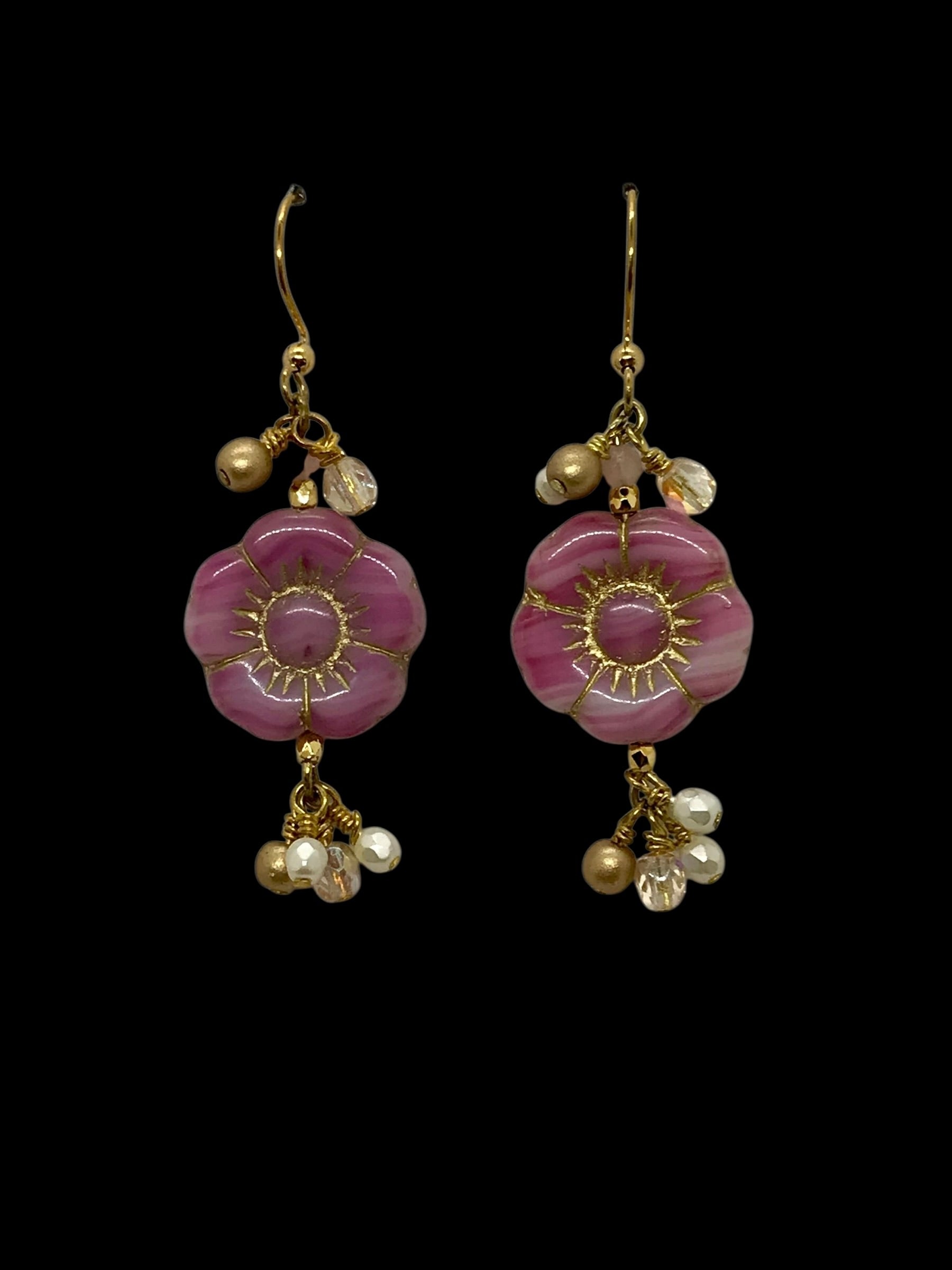 Hibiscus Flower Dangle Earrings - Pink Marble w/ Gold Wash